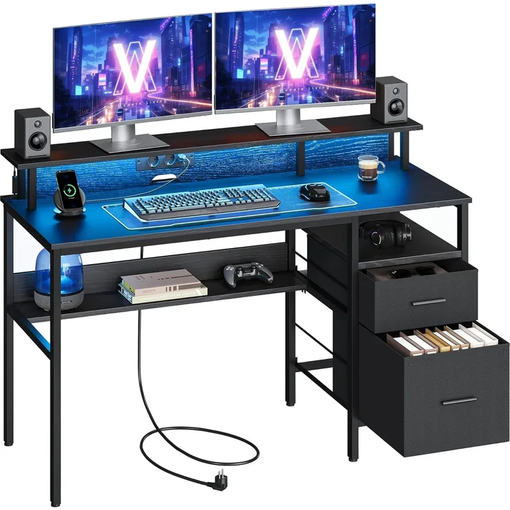 VASAGLE Schreibtisch mit Stoff-Schubladen, Computertisch mit Monitorständer, LED-Beleuchtung, 55 x 135 x 90 cm, eingebaute Steckdosen, 2 USB-A-Anschlüsse, für Homeoffice, ebenholzschwarz LWD094B56