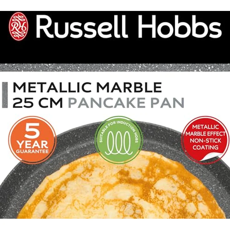 Russell Hobbs RH02852EU7 Metallic Marble 25 cm Crêpe-Pfanne - Antihaft-Pfannkuchenpfanne, flache Omelett-/Eierpfanne, Induktionsherd geeignet, weicher Griff, Kochgeschirr aus geschmiedetem Aluminium – Bild 4