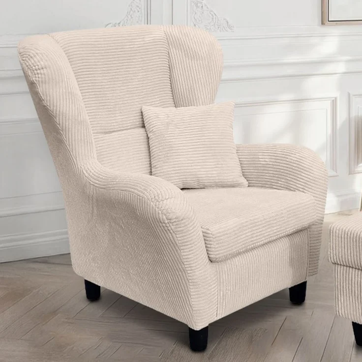 Ohrensessel mit Hocker Landhausstil Polster-TV-Lesesessel Cordstoff Beige Creme – Bild 3
