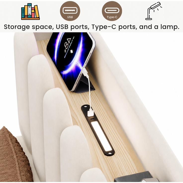 ZUBALIYA Polsterbett 90 x 200 cm mit hydraulischem Bettkasten, USB-Anschluss, Lattenrost, Samt, Beige – Bild 13