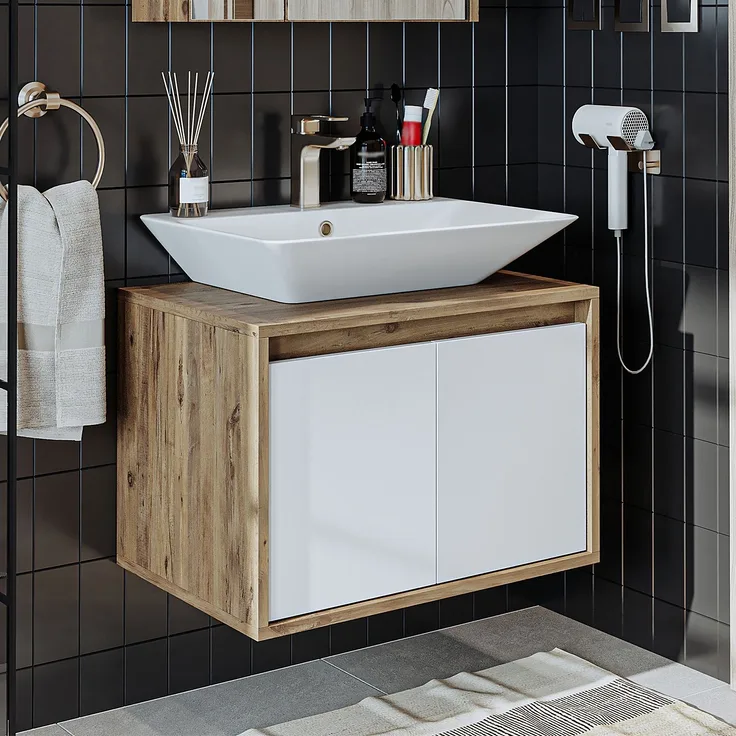Roomart ATLANTIC-65 Badmöbel Set– 2-teiliges Badezimmermöbel Set - Waschbecken mit Unterschrank - H 45 x B 45 x T 65 cm • Weiß-Eiche