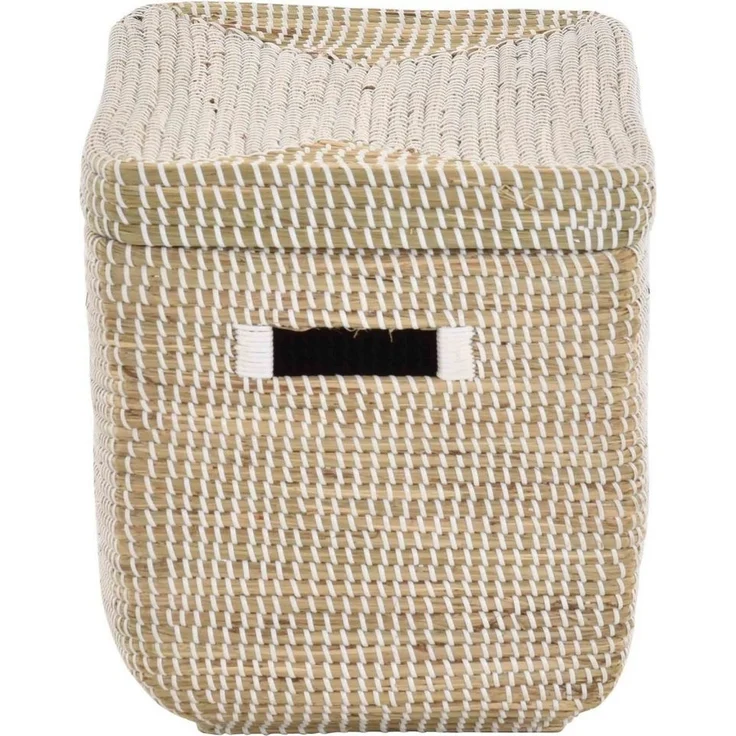 Krines Home Aufbewahrungskorb Handgearbeiteter Seegras Dekokorb mit Deckel Aufbewahrung Flechtkorb, Truhe Natur mit weißen Wicklungen Rund Box (Hell Natur, Truhe) – Bild 2