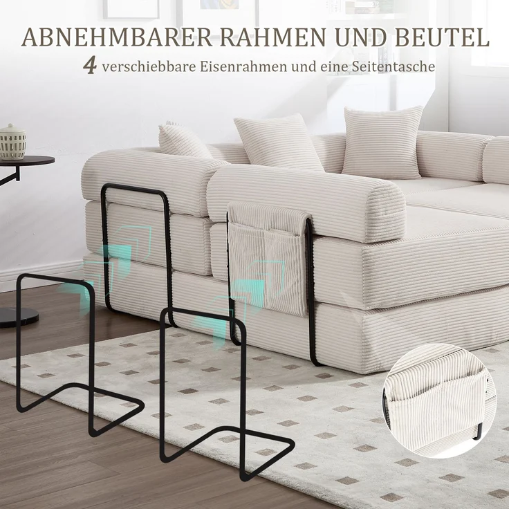 LVHOM Schlafsofa 5-Sitzer, Klappsofa mit Schlaffunktion, Bodensofa mit Seitentaschen, Ecksofa aus Cordstoff, frei Kombinierbar, Beige – Bild 5