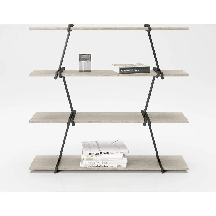 Babylon - Regal, Raumteiler, Bücherregal mit 4 Böden, Wild Eiche kombiniert mit schwarz matten Metallkomponenten, modernes Industrial Design