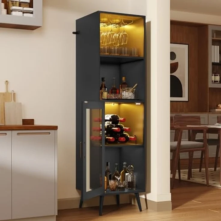 YITAHOME Barschrank mit verstellbaren LED-Lichtern, Kaffeebar mit Weinregal & Haken & Acryl-Türschrank, Küche Buffet Sideboard für Home Bar/Esszimmer/Wohnzimmer, Schwarz – Bild 4