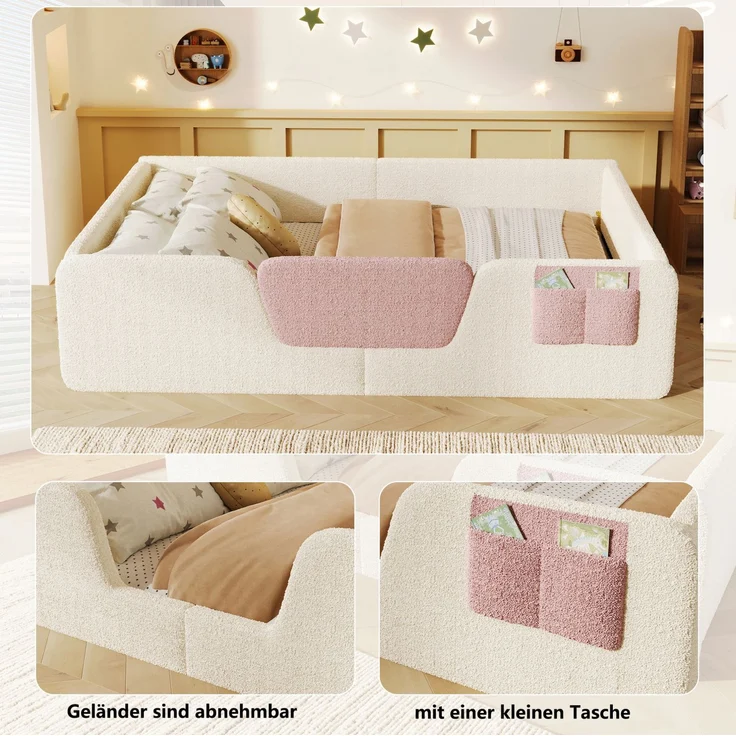 CHICFURN Polsterbett aus Samt Beige 140x190 cm mit abnehmbaren Seitengittern – Bild 4