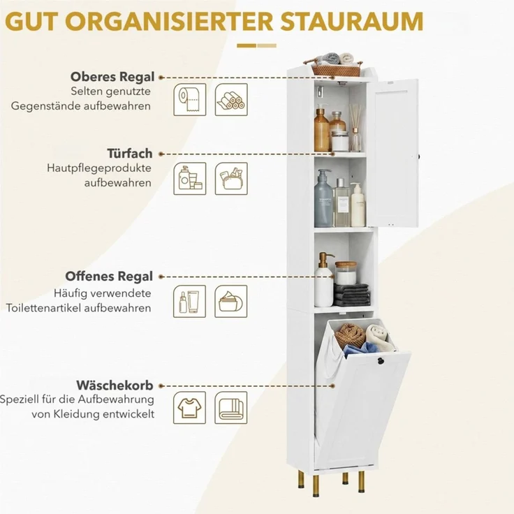 TLGREEN Badkommode Badezimmerschrank mit Wäschekorb, (37 L Wäschebeutel, Standschrank mit 4 Aufbewahrungszonen), verstellbare Böden, 25 kg Tragkraft, Kippschutz – Bild 4