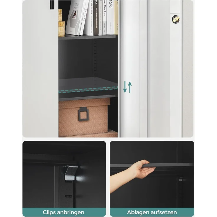 Songmics Aktenschrank, Mehrzweckschrank, Stahl-Aufbewahrungsschrank, 5 Ebenen, Doppeltüren, Schloss, Werkzeugschrank, verstellbare Ablagen, Garage, Büro, Wohnzimmer, silbern-schwarz OMC015S01 – Bild 5