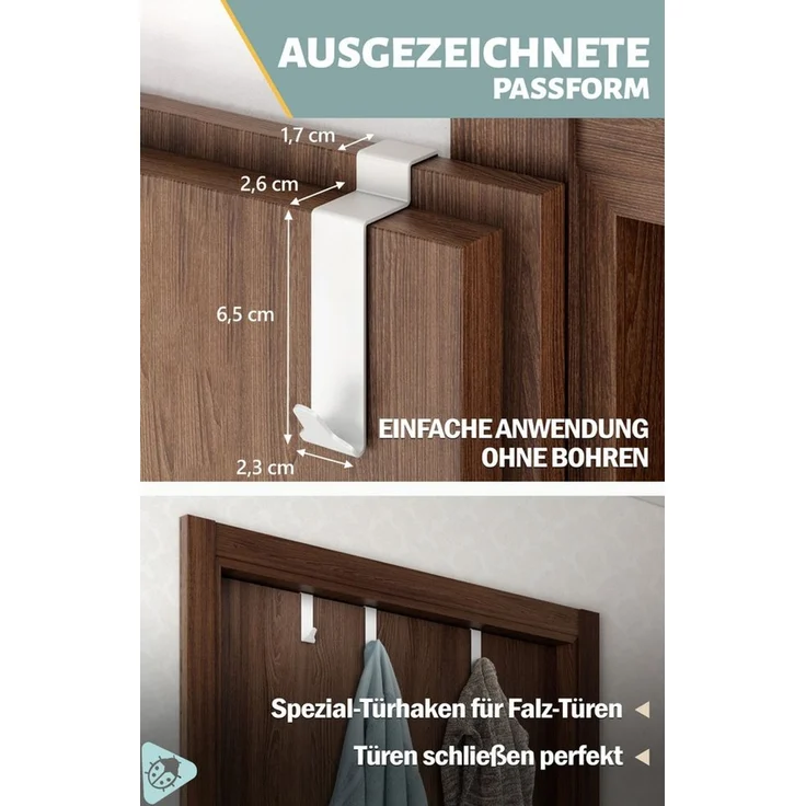 Lindenstein Türhaken Türgarderobe Edelstahl, Türen, (Packung, 6-St, 6), Ohne Bohren, rostbeständig, formstabil, belastbar – Bild 3