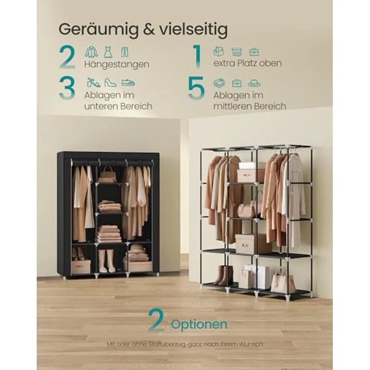 Songmics Kleiderschrank, Garderobe, Kleiderständer mit Vliesstoffbezug, Hängestangen, Ablagen, 45 x 130 x 168 cm, große Kapazität, für Schlafzimmer, Wohnzimmer, tintenschwarz RYG096B01 – Bild 4