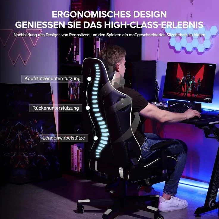 GTPLAYER Gaming Stuhl Gamer Stuhl mit Fußstütze Bluetooth Lautsprecher Ergonomischer Bürostuhl Computerstuhl Schreibtischstuhl PC Stuhl mit verstellbare Rückenlehne 150 kg Belastbarkeit weiß – Bild 5
