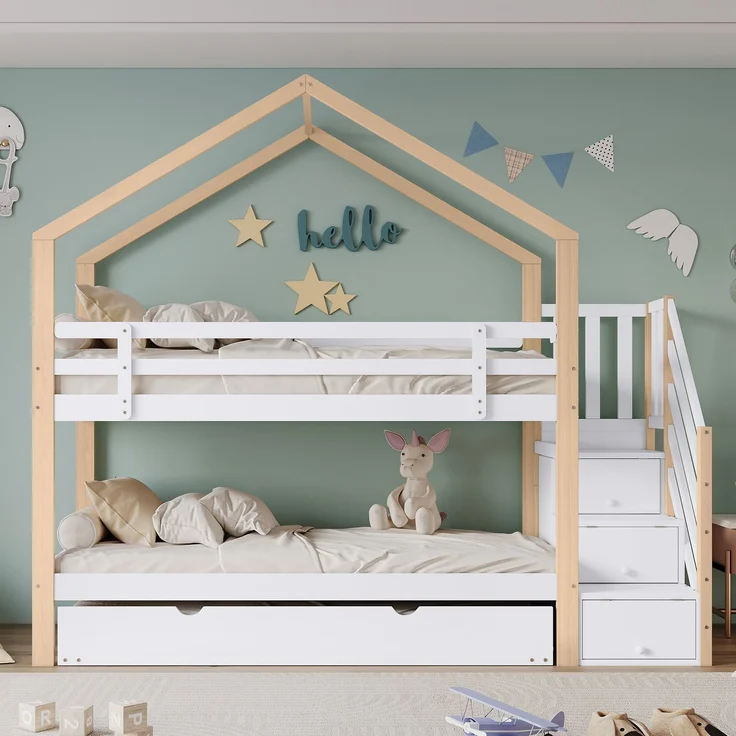 Etagenbett 90×200 cm mit Rausfallschutz & ausziehbarem Bett 90×190 cm, Natur/Weiß, ohne Matratze – Bild 3