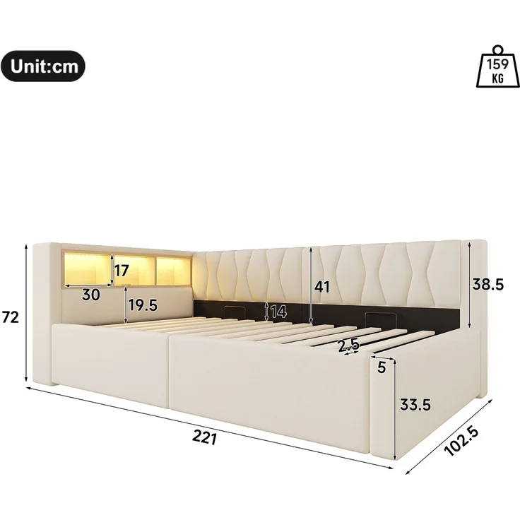 Daybett, Tagesbett, Schlafsofa,90x200cm, Ohne Matratze, Hydraulische Lagerung, mit dimmbarer LED-Leiste, mit praktischem Regal, mit USB-Anschluss, Beige – Bild 6