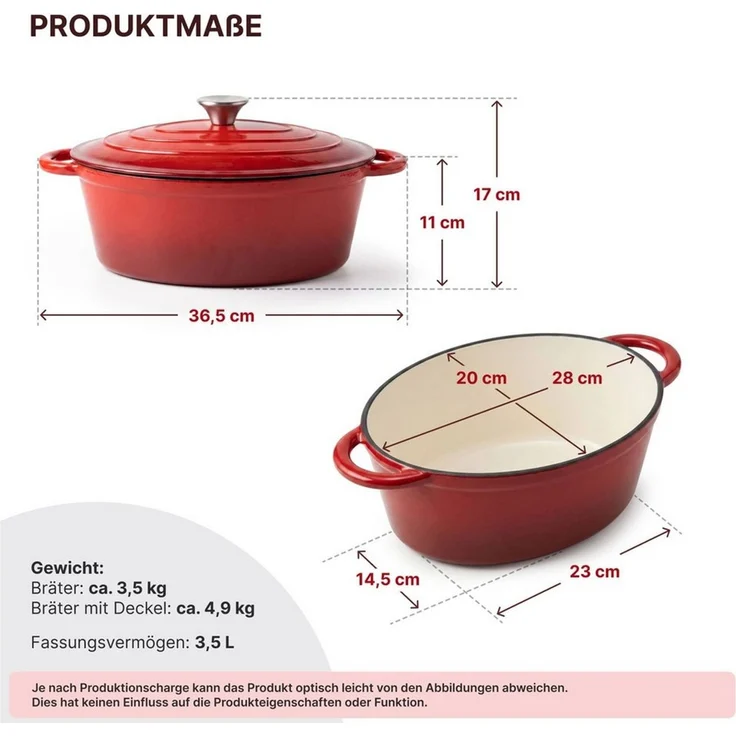 BIG-PAN Bräter Gusseisen Schmortopf 3,5 L oval Deckel emailliert Bratentopf Cocotte, Gusseisen (Topf Auflaufform Servierpfanne, Schmorpfanne Brotbacktopf), für alle Herdarten, Induktion und Backofen – Bild 2