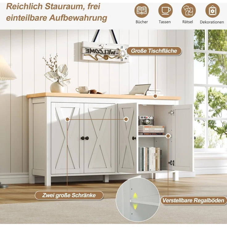 DESVIAE Sideboard mit 4 Türen und verstellbaren Einlegeböden 140x78x40 cm MDF Weiß – Bild 5