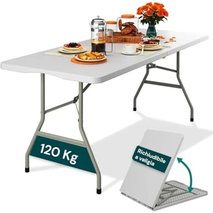 Avilia - Klappbarer Esstisch, platzsparend, für Küche und Wohnzimmer, zusammenklappbar und tragbar, mit Sicherheitsverriegelung, Oberfläche aus HDPE für 6 Personen, 180 x 70 x 74 cm, Weiß – Bild 1