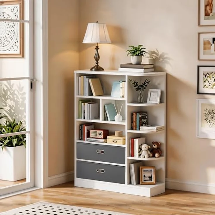 YITAHOME Freistehendes Bücherregal, Regal mit 8 offenen Regalböden und 2 Stoffschubladen, Beistellschrank für Wohnzimmer, Schlafzimmer, Büro, Weiß, 80 B × 24 T × 115 H cm – Bild 4