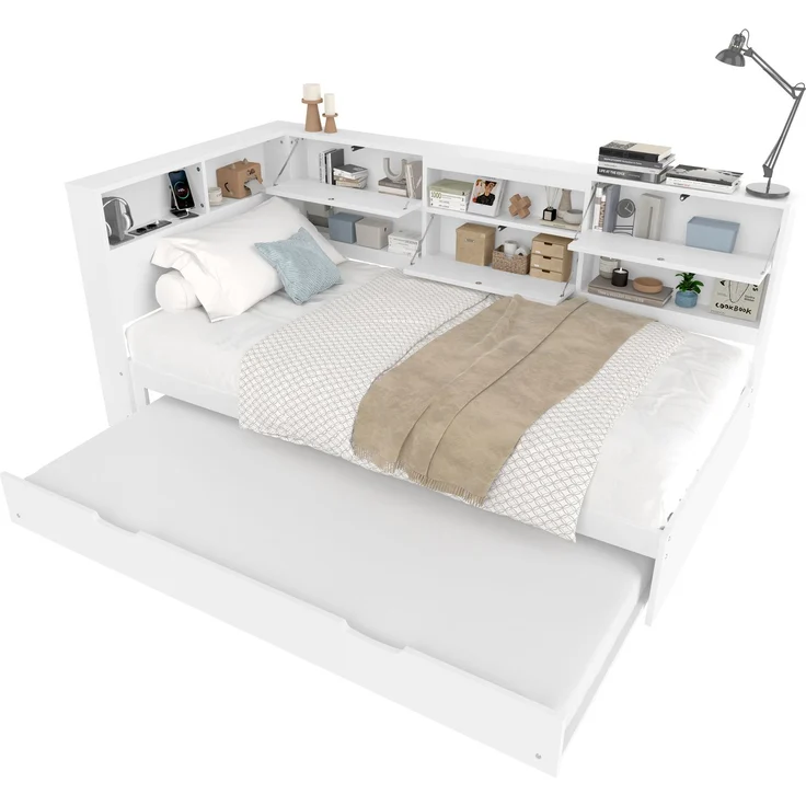 EINHOM Daybett, Schlafsofa, 90 x 200 cm, Kopfteil mit Staufach, Ausziehbares Bett, Weiß, (Ohne Matratze) – Bild 3