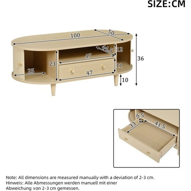 Merax Couchtisch Ovaler Kaffeetisch Sofatisch Beistelltisch (1-St), Wohnzimmertisch mit Schublade,Rolltüren & offenem Stauraum,100 x 50 x 36 cm – Bild 4