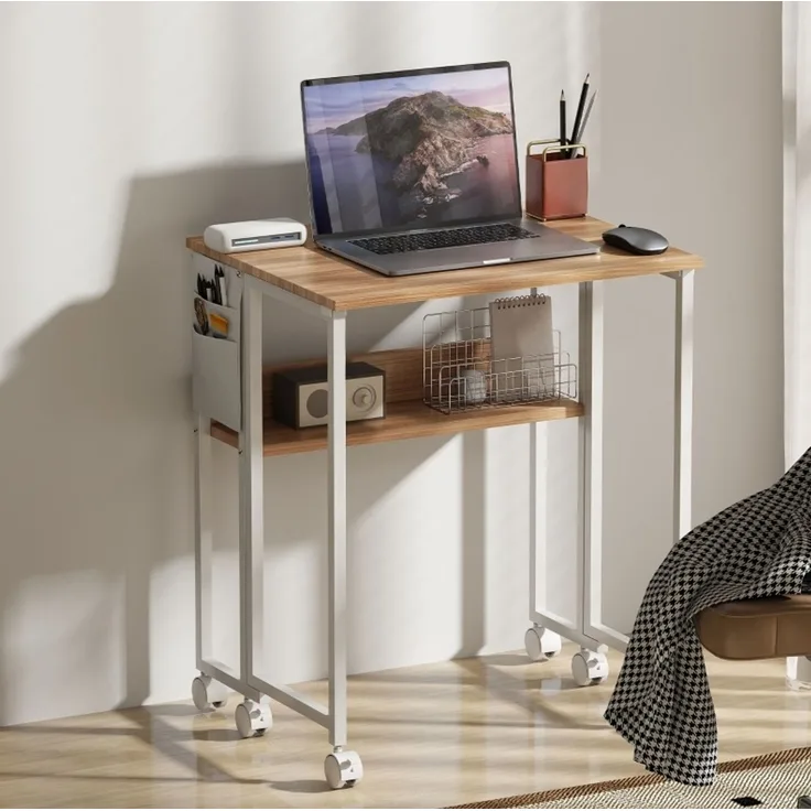 Klappschreibtisch aus Holz mit Regal und Rollen, 63x50x75 cm, Natur