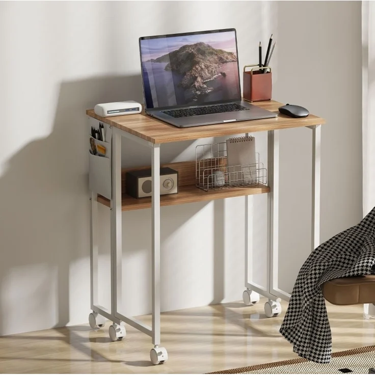 Klappschreibtisch aus Holz mit Regal und Rollen, 63x50x75 cm, Natur – Bild 1