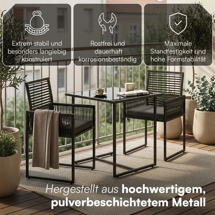 STEELSØN 'Kynaris' 3-tlg. Gartenmöbel-Set, Sitzgruppe aus 2 Polyrattan-Stühlen und Gartentisch, Metall, zusammenklappbar, schwarz/anthrazit, wetterfest – Bild 3