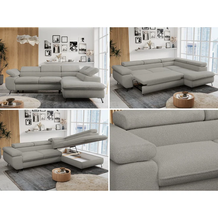 Mks Möbel 'Peter L-form' Ecksofa mit Bettfunktion, Bettkasten & einstellbaren Kopfstützen, Hellgrau, Boucle, mit Topper, rechts – Bild 2