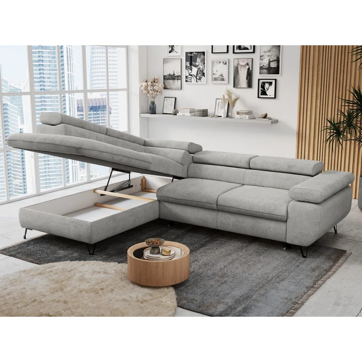 Mks Möbel 'Peter L-form' Ecksofa mit Bettfunktion, Bettkasten & einstellbaren Kopfstützen, Hellgrau, Stoff, links – Bild 3