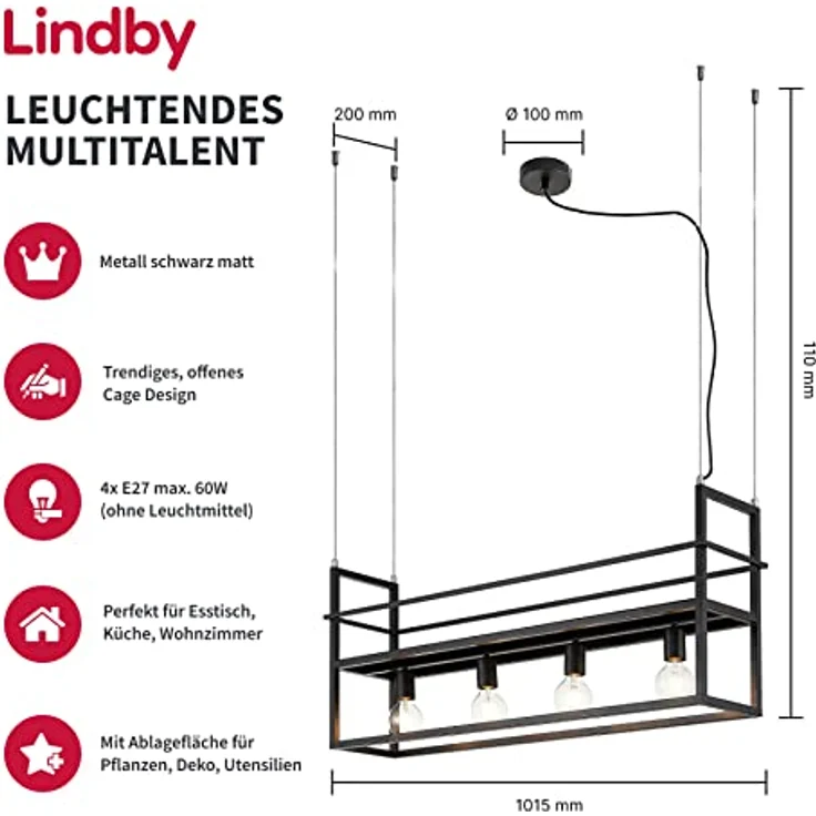 Lindby Pendelleuchte 'Grisela', Vintage Hängelampe aus schwarzem Metall mit 4x E27 Fassungen und Ablagefläche, für Wohnzimmer & Esszimmer – Bild 2