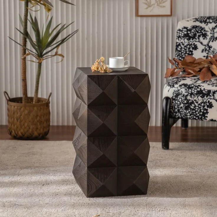 Beistelltisch aus Massivholz und MDF, Retro Couchtisch mit dreidimensionaler Reliefstruktur, Naturholz,Braun – Bild 4