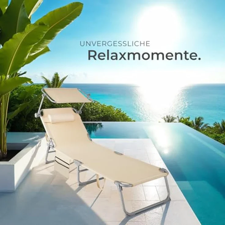 tectake® 2er Set Sonnenliege klappbar und tragbar, Liege mit Seitentasche, Strandliege, Gartenliege mit Dach, Liegestuhl mit Verstellbarer Rückenlehne, Kopfkissen - für Balkon, Terrasse (beige) – Bild 9