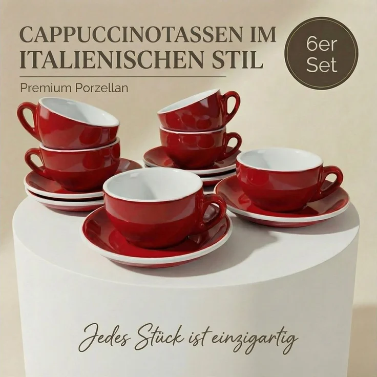 MUVELL Cappuccinotasse 6er Cappuccino-Set "ROM" inkl. Tasse 200ml + Untertasse, rot, 6-tlg, Keramik, 200 ml rot mit weißen Rand und Innenfläche – Bild 2