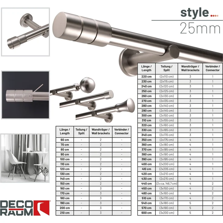 Deco-Raum Gardinenstange Zylinder, Ø 25 mm, 1-läufig, Wunschmaßlänge, kürzbar, Bohren, verschraubt, Metall, Komplett-Set mit Montagematerial – Bild 4