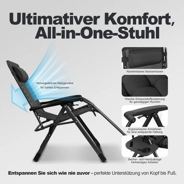 HOMECALL Gartenliege Sonnenliege Klappbar, Liegestuhl mit Weiches Kissen, XXL Extra breiter Zero Gravity Stuhl, 1 St, bis 180 KG, für Garten Terrasse Balkon – Bild 2