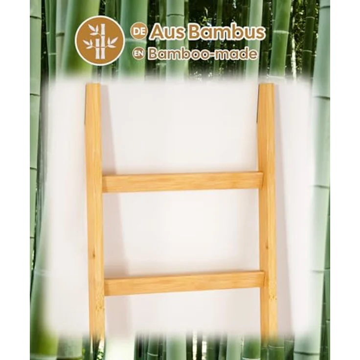 Yorbay Handtuchleiter Handtuchhalter Bambus, 6 Ebenen Leiterregal, 4 Haken und 2 Sicherheitsgurten, 43x170 cm, für Bad, Wohnzimmer – Bild 6
