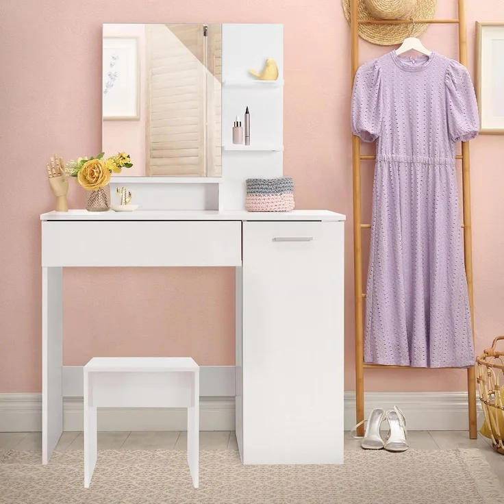 ML-Design Schminktisch mit Hocker, Frisiertisch mit Spiegel und Schublade, 90 x 38 x 138 cm, Weiß, Moderne Kosmetiktisch Frisierkommode Schminkkommode Kommode Make-up Tisch Sitzhocker Schminkspiegel