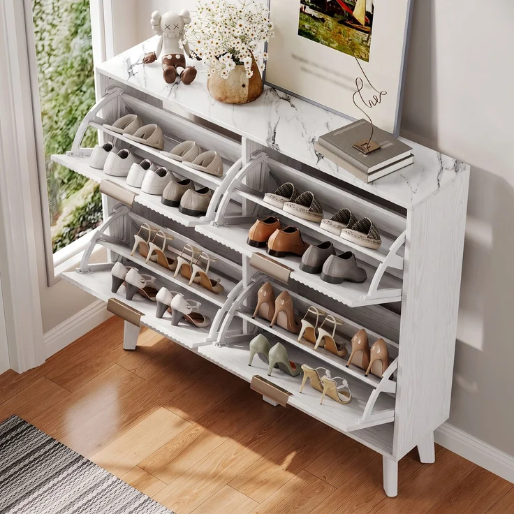 ZUBALIYA Schuhschrank (105 x 24 x 95,5 cm), 4 Klappfächer, Strukturierte Fronten, Stauraum für Flur und Eingangsbereich, Weiß – Bild 3