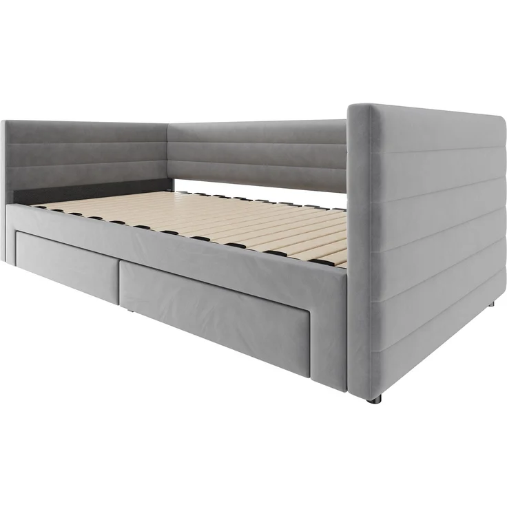 Merax Einzelbett Polsterbett 90 x 190cm/180 x 190cm Schlafsofa mit Ausziehbett, Tagesbett Daybett mit 2 Schubladen, Sofabett mit Lattenrost, Veloursstoff, grau – Bild 8