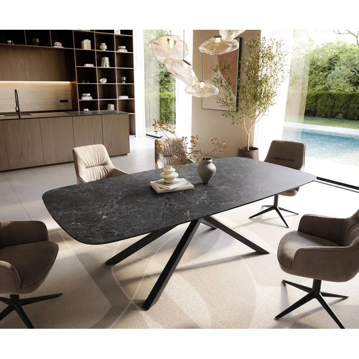 Esstisch Edge Boot 240x120 cm Keramik Laminam® Nero Greco Anthrazit Kreuzgestell Rechteck Schwarz