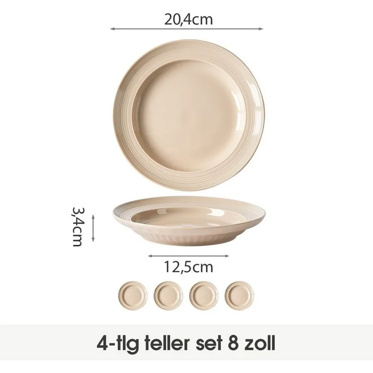 JIWOO Speiseteller 4er Ø20,4cm, Frühstücksteller Pastateller Teller Brotteller Plate, (4 St), Plate Hochwertiges Tellerset Braun Mikrowellenofen Spülmaschine