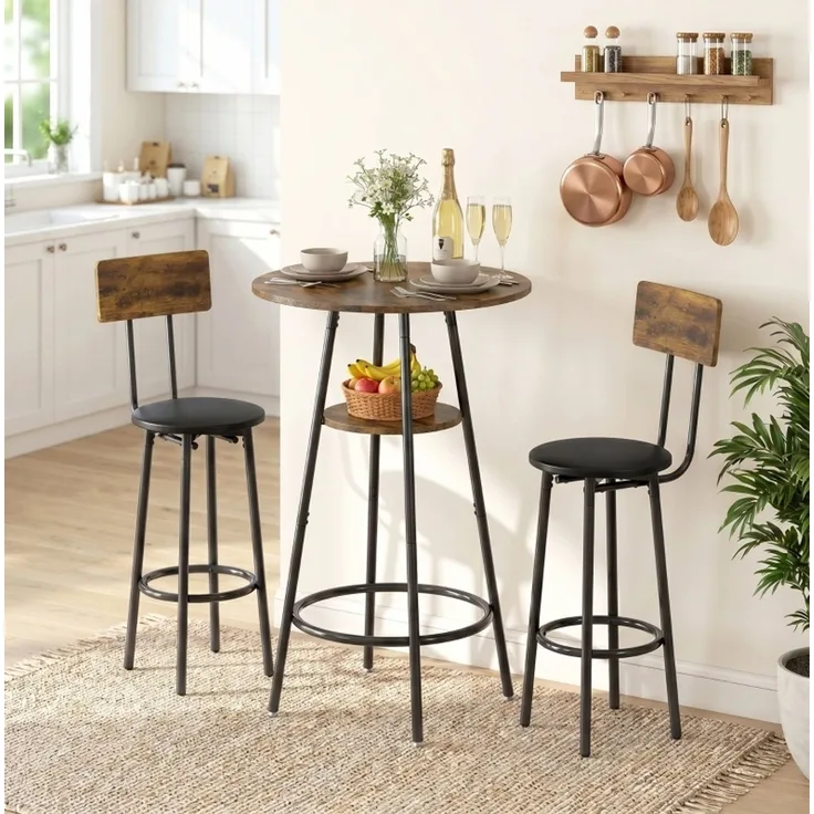 Bartisch-Set für 2 mit Ablageregal, gepolsterten Hockern und Rückenlehnen, 60x60x91 cm, Rustikalbraun