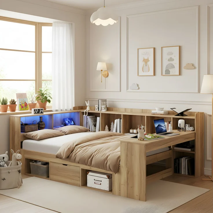 Merax Kinderbett, 140x200 cm Daybett, Tagesbett, Stauraumbett mit LED-Beleuchtung, USB Ladeanschlüsse und Schreibtisch, mit Regale & Schubladen, Naturfarbe – Bild 3