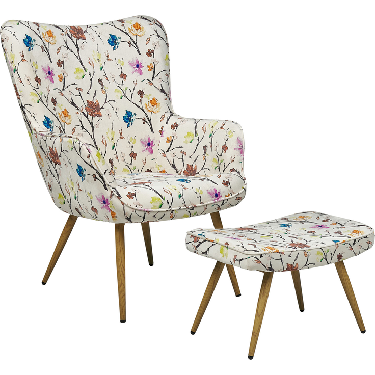 Sessel Polsterbezug Blumenmotiv / cremeweiß plus Hocker VEJLE