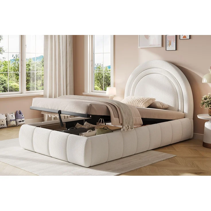 ZUBALIYA Polsterbett 90 x 200 cm mit hydraulischem Bettkasten, Lattenrost, Bouclé, Beige – Bild 21