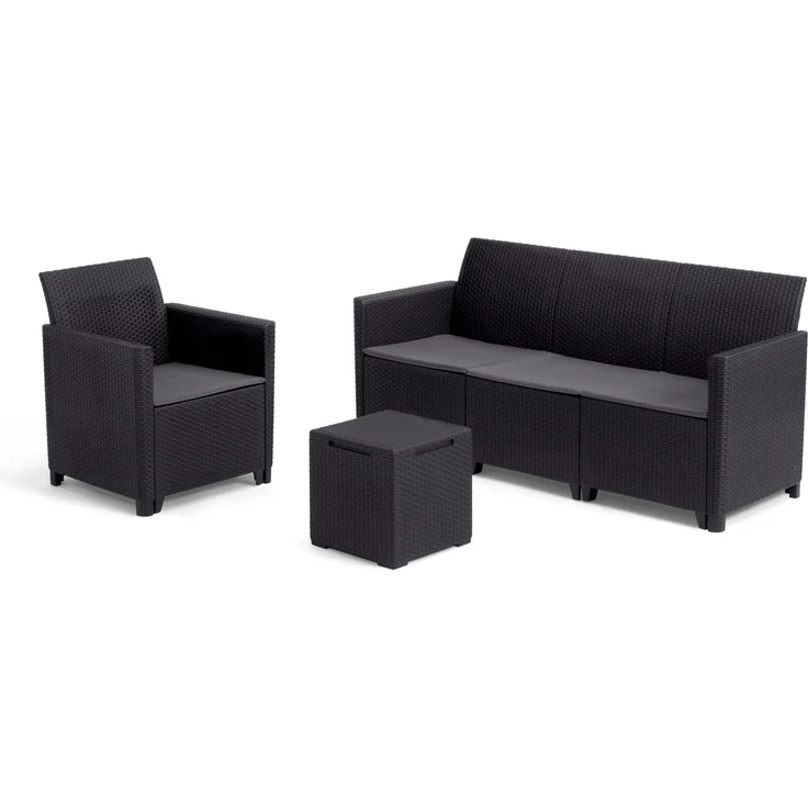 Keter Nora Gartenmöbel Lounge Set, inkl. Sitzkissen, grau, für 4 Personen, wahlweise 3er Sofa + Sessel oder 2x2-Sitzer Sofa und Tisch – Bild 1