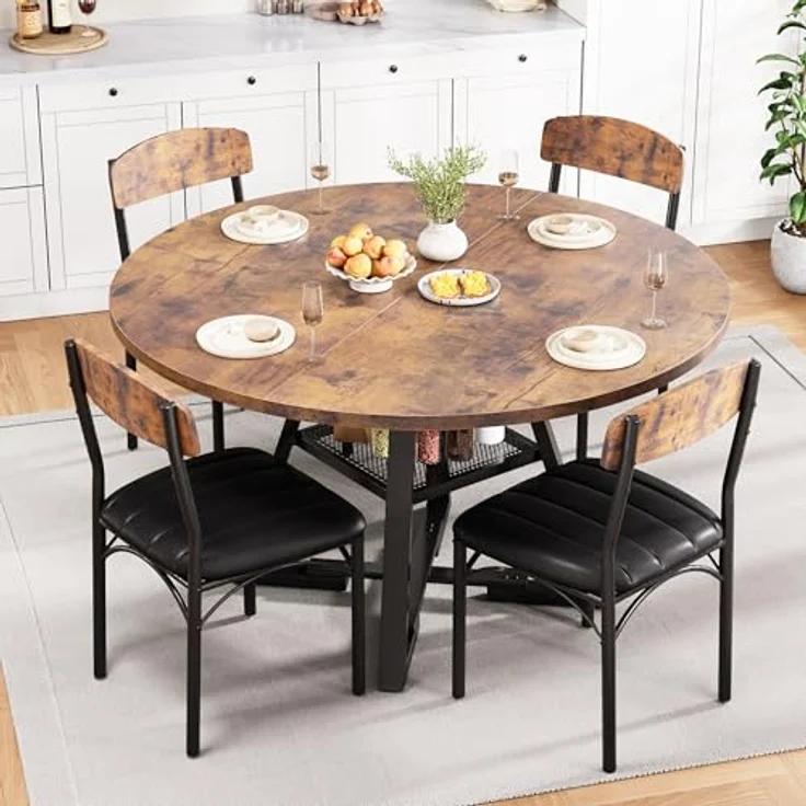 Jocoevol Runder Esstisch und 4 Esszimmerstühle Set, Essgruppe 5-Teilig, Esszimmertisch mit Ablage und 4 stühle, platzsparender Küchentisch aus Holz im Industrial Design (Vintage Braun, 107 x 107 x 76 cm) – Bild 2