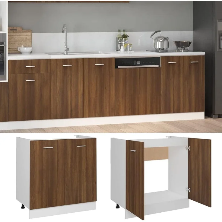 vidaXL Spülenunterschrank, Spülenschrank mit viel Stauraum, Küchenschrank mit 2 Türen, Küchenunterschrank Unterschrank Küche, Braun Eiche-Optik Holzwerkstoff – Bild 4