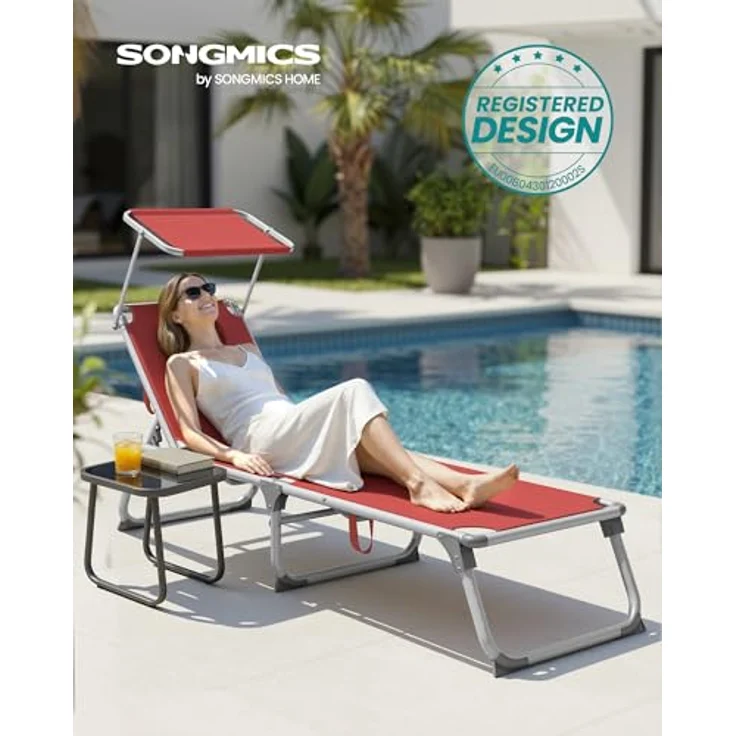 SONGMICS Sonnenliege, klappbarer Liegestuhl, 193 x 55 x 31 cm, max. Belastbarkeit 150 kg, mit Sonnenschutz, verstellbare Rückenlehne, für Terrasse Pool Garten, rot GCB19RD – Bild 4
