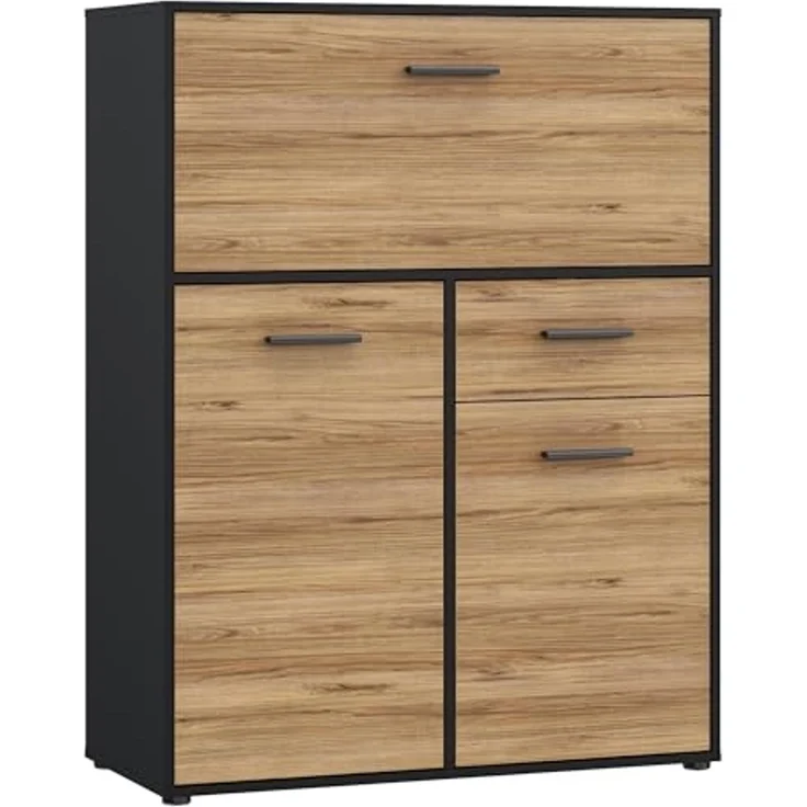 Forte MOKKARO Barkommode 95, Barschrank mit 2 Schranktüren, 1 Schublade, 1 Klappschrank, Mauvella Eiche Dekor/Schwarz, 94,7 cm breit, 123,5 cm hoch, 42 cm tief – Bild 4