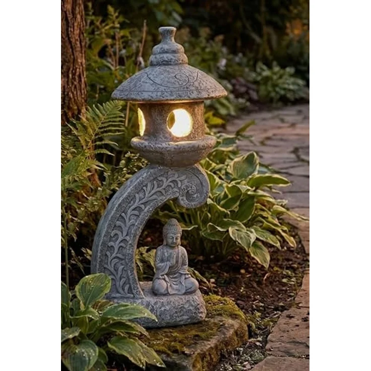 Arnusa LED Solarleuchte Pagode mit Solarlampe Kunststein 60 cm Gartendeko Laterne mit Buddha, LED fest integriert, warmweiß, Japanischer Asiatischer Stil Gartenfigur – Bild 6